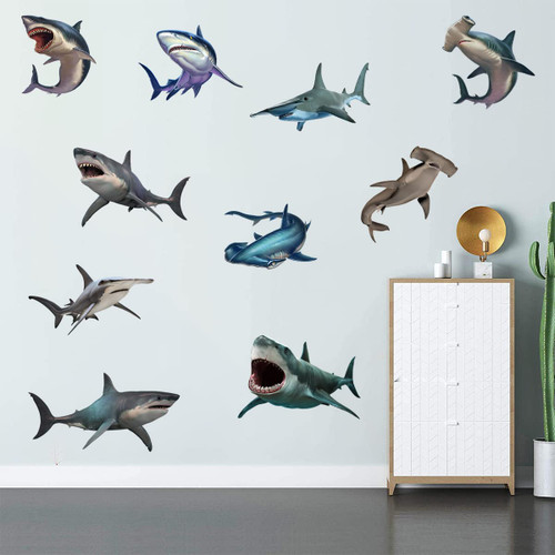 11 PCS 3D Large Shark Wall Decal Wall Stickers Ocean Animal Under The Sea Wall Decal Stickers Peel & Stick Removable Sea Sharks Stickers for Kids Room Playroom Bathroom Baby Nursery Wall Decor
