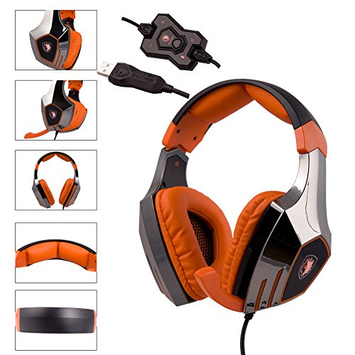 Sades A60 7.1 Surround Sound Stereo PC Pro USB Gaming Headsets Over-Ear Headphones with Microphone Vibration (Orange) (Orange)