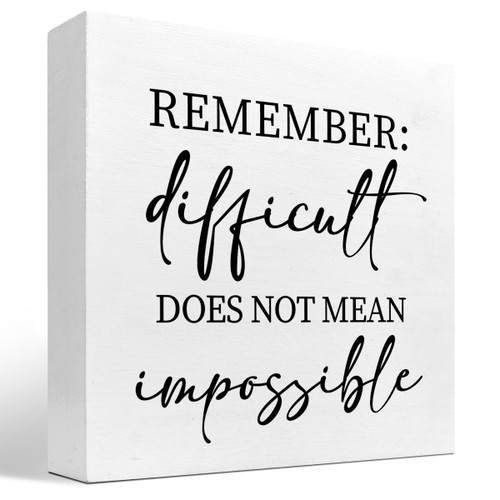 z-crange Remember Difficult Does not Mean Impossible Wood Block Sign Desk Decor,Rustic Inspirational Wooden Box Plaque Sign Desk Decor for Home Office Shelf Table Decor Decorations