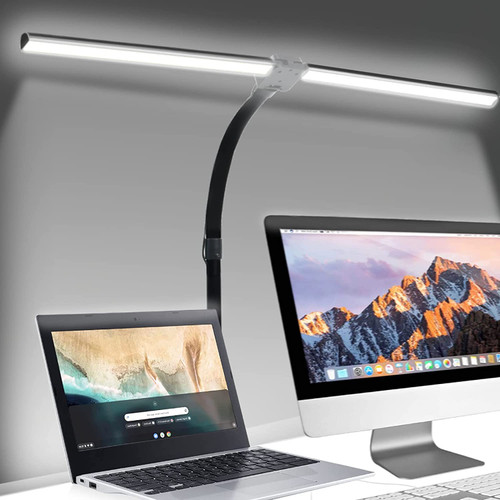 MYUANGO LED Desk Lamp for Home Office- 5 Color Temperatures and Stepless Dimming - Eye-Caring Table Lamp with Clamp- Flexible Gooseneck and Memory Function