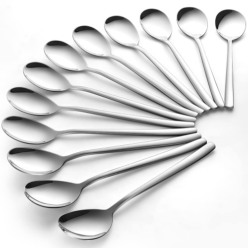AYFDISHS Soup Spoons,12 Pieces Stainless Steel Korean Soup Spoons,8.1 Inch Korean Spoons with Long Handles,Long Tablespoon,Coffee Spoon,Round Asian Soup Spoon