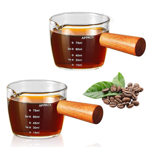 COFIMEFO Espresso Shot Glass 75ML Single Spouts Espresso Measuring Cup Accessories with Wood Handle for Barista Milk Coffee COFIMEFO Espresso Shot Glass 75ML Single Spouts Espresso Measuring Cup Accessories with Wood Handle for Barista Milk Coffee