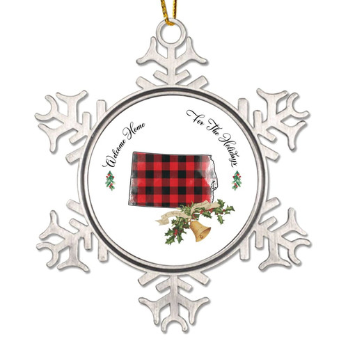 Welcome Home for The Holidays North Dakota Christmas Ornament Red Plaid USA State with Bell Christmas Decorations USA North Dakota State Snowflake Metal Xmas Tree Keepsake