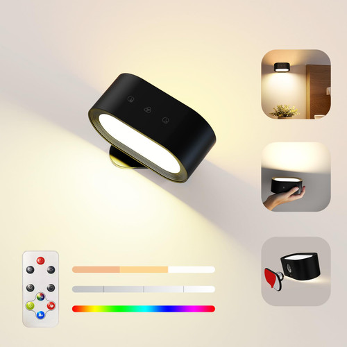 Koopala UP&Down Light Source LED Wall Sconce, Wall Mounted Lamps with Battery Operated, RGB, 3 Color Temp, 4 Brightness, Removable Charging, 1H Timer, Touch&Remote Control, Wall Lights for Reading