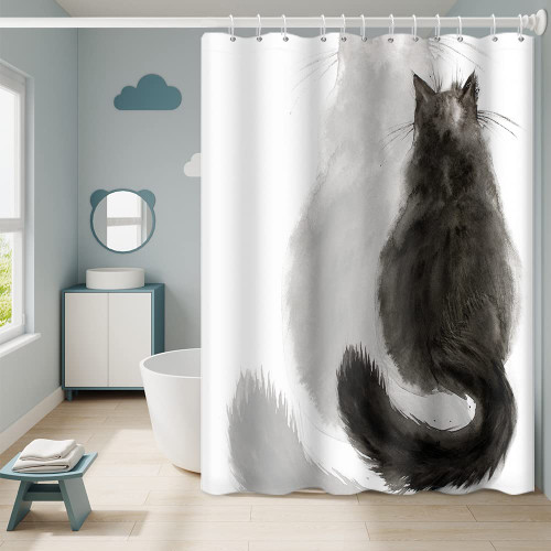 Umpoo Black Cat Shower Curtain for Kids Bathroom Funny Cat Back Shadow Kitten Animal Decor Bathtub Waterproof Fabric Polyester Shower Curtain Sets with Hooks, 72x72 Inch