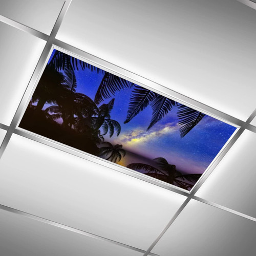 Palm Tree Sunset and Starry Sky,Blue Black,Light Diffusers,Light Filters for Ceiling Lights Classroom & Office-Easy to Install-Improves Room Aesthetics,2x4 ft