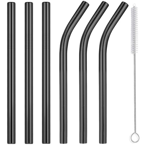 Vinaco Reusable Smoothie Straws & Milkshake Straws 0.4" Wide Mouth Straw, Set of 6 Stainless Steel Straws 8.5"&10.5" with 1 Long Straw Cleaner Brush?Black Metal Straws for Jumbo Thicker Drinks