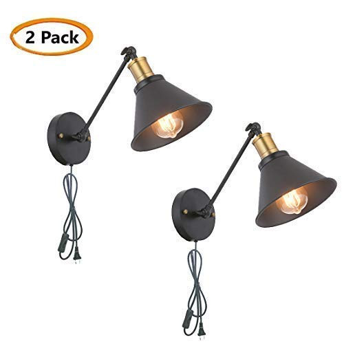 SEEBLEN Industrial Style Plug-in Wall Mounted Sconce Mini Adjustable Vintage Edison Simplicity Swing Arm Metal Wall Lamp Set of 2