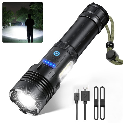 INHDBOX Rechargeable LED Flashlight High Lumens, 100000 Lumen XHP70.2 Super Bright Handheld Tactical Flashlight, Zoomable, IPX5 Waterproof, 7 Modes for Camping Emergency