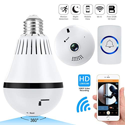 1080P Full HD WiFi Light Bulbs Camera Video Doorbell 360 Degrees Wireless Panoramic VR Indoor/Outdoor Home Surveillance Cameras LED Light Bulb Camera Motion Detection Night Vision