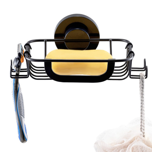 LEVERLOC Soap Dish Soap Bar Holder with 4 Hooks for Shower Suction Cup Wall Mounted, Stainless Steel NO-Drilling Removable Waterproof Sponge Holder for Bathroom Bathtub Kitchen Sink, Black LEVERLOC Soap Dish Soap Bar Holder with 4 Hooks for Shower Suction Cup Wall Mounted, Stainless Steel NO-Drilling Removable Waterproof Sponge Holder for Bathroom Bathtub Kitchen Sink, Black