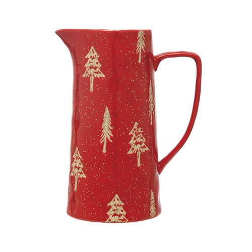 Creative Co-Op Hand-Stamped Stoneware Pitcher with Tree Pattern and Gold Electroplating, Red