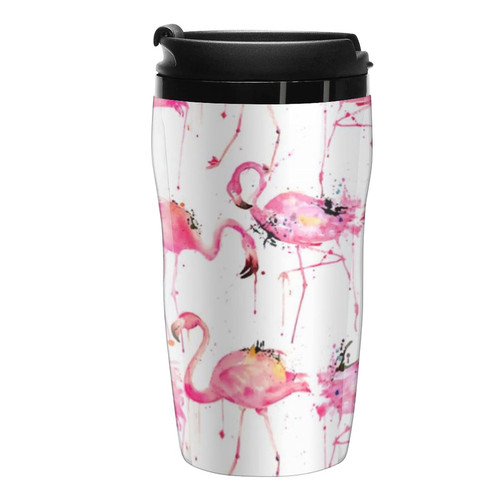 Watercolor Flamingos Coffee mug cup double-layer plastic Tea cup with lid durable travel mug black-style1
