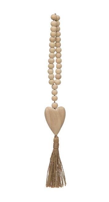 Creative Co-Op Paulownia Wood Beads with Heart Pendant & Jute Tassel Garland, Cream