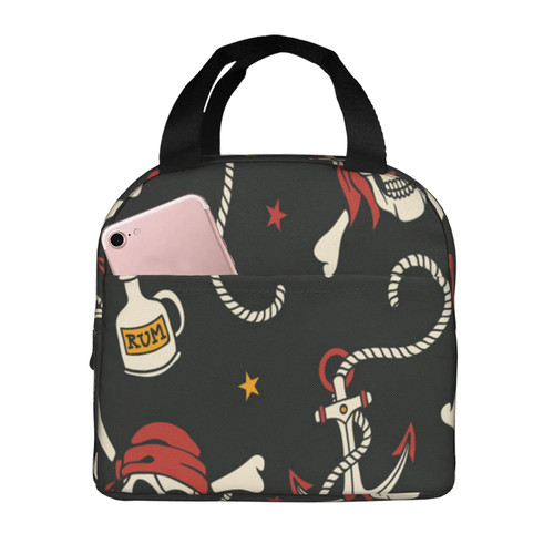 Reusable Lunch Tote Bag Anchor Skulls Rum Insulated Lunch Bag Durable Cooler Lunch Box