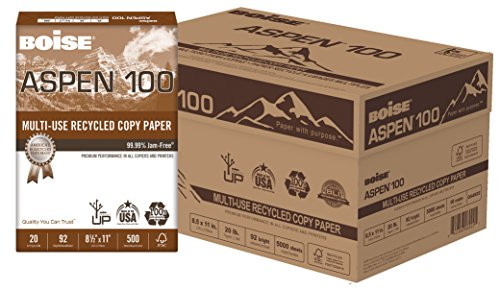 BOISE ASPEN 100% Recycled Multi-Use Copy Paper, 8.5" x 11", Letter, 92 Bright, 20 lb, 10 Ream Carton (5,000 Sheets)