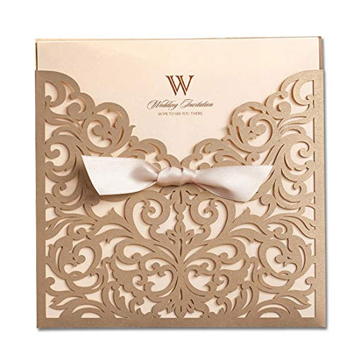 WISHMADE Gold Laser Cut Wedding Invitations with Square Lace Bow Invites Cardstock for Engagement Marriage Bridal Shower Birthday Card (Set of 50pcs)