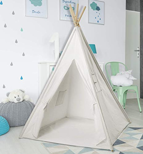 Cotton Canvas White Kids Teepee Tent | Tipi Tents Indoor Outdoor | Play Tent Foldable 5 Feet Tall - 4 Poles | Customizable Cotton Tent | Large Childrens Teepee Tents for Girls and Boys Kids Teepee Cotton Canvas White Kids Teepee Tent | Tipi Tents Indoor Outdoor | Play Tent Foldable 5 Feet Tall - 4 Poles | Customizable Cotton Tent | Large Childrens Teepee Tents for Girls and Boys Kids Teepee
