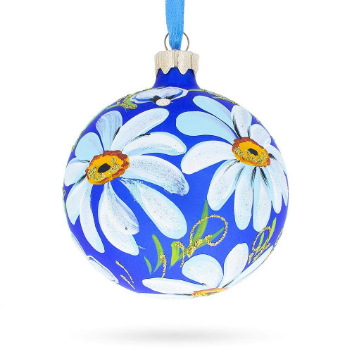 Daisy Flowers on Blue Glass Ball Christmas Ornament 3.25 Inches