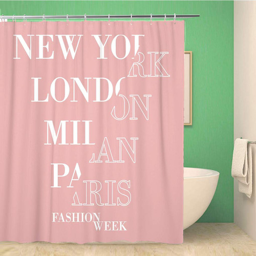 Awowee Bathroom Shower Curtain Spliced New York London Paris Milan Week Slogan Pink Polyester Fabric 72x72 inches Waterproof Bath Curtain Set with Hooks