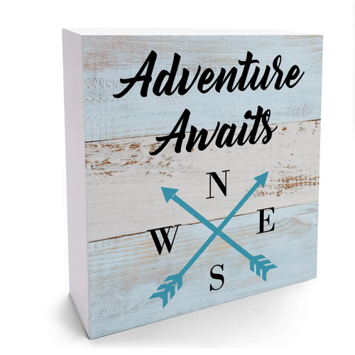 Home Farmhouse Decor Desk Decor Wooden Box Sign Housewarming Gift Rustic Wood Block Plaque Box Sign for Office Kitchen Bathroom Bedroom Living Room Shelf Table Decoration Adventure Awaits Sign