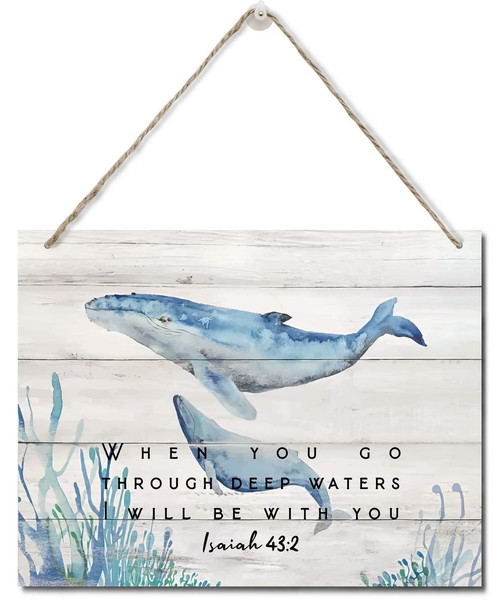 Bible Verse Printed Wood Plaque Sign Wall Hanging, Home Wall Decor When You Go Through Deep Waters I Will Be With You Scripture Rustic Hanging Wall Plaque Wood Signs, Isaiah 43:2 Christian Sign