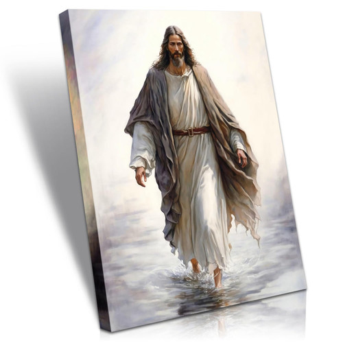 Framed Jesus Wall Art Jesus Decor Walking In The Water Canvas Christian Religious Black Jesus Canvas Wall Decoration Bible Picture Poster Printing Living Room Painting Bedroom Church Ready To Hang.