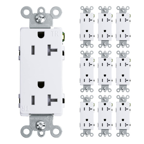 Decorator Receptacle, Tamper-Resistant Duplex Outlet, Standard Electrical Wall Outlet, 20Amp, 125 Volt, Self-Grounding, UL Listed (White, 10 Pack)