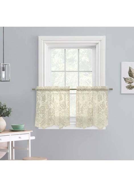 LOFT LIVING Louis Embroidered Floral Lace Window Curtain Tiers Pair 55" x 24" in Ivory