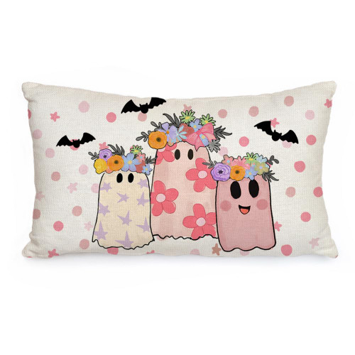 AACORS Halloween Pillow Cover 12X20 Inch Colorful Ghost with Wreath Polka Dots Decoration Holiday Farmhouse Pillow Case Decor for Sofa Couch (Pink)
