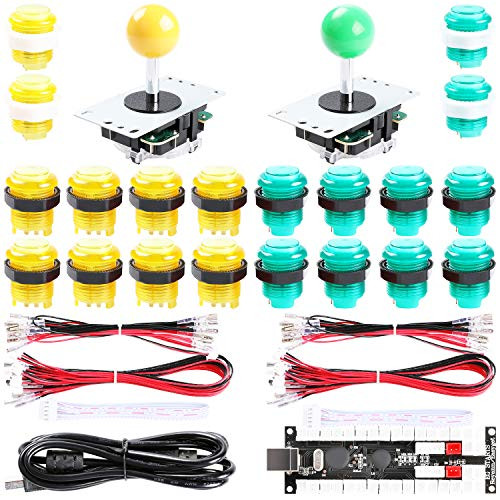 Easyget 2-Player DIY Arcade Kit Zero Delay 2-Player USB Encoder + 2X Joystick + 20x LED Arcade Buttons for PC, Windows, MAME, Mac & Raspberry Pi Retro Gaming DIY (Yellow & Green)