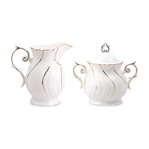 Agyiuns Sugar and Creamer Set Ceramic, Creamer Pitcher and Sugar Bowl with Lid, Creamer Pitcher with Handle,Sugar Cube Dish Coffee or Tea, White with gold thread