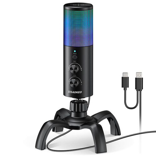 Aokeo USB Gaming Microphone, PC Computer Condenser Mic with Gain,RGB Light for Recording,Podcasting,Streaming,YouTube, Twitch,Skype,Compatible with PS5 PS4 Mac Laptop Desktop?Black?