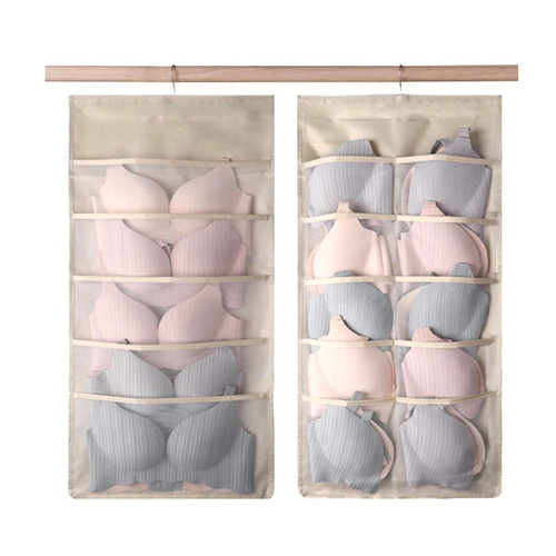 BanYakong Closet Hanging Bra Organizer with Rotating Metal Hanger, Oxford Cloth Dual Sided Wall Shelf Wardrobe Hanging Mesh Pockets Storage Bag for Bra Socks Underwear Underpants ( beige)