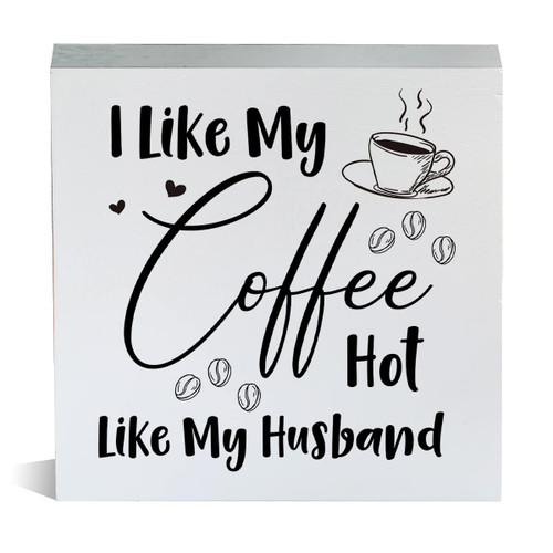 Farmhouse I Like My Coffee Hot Like My Husband Wooden Box Sign Rustic Style Coffee Wood Block Tabletop Sign Decorative Desk Sign Decor for Home Kitchen Shelf 5 X 5 Inches