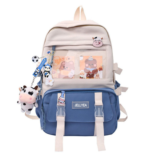 JELLYEA Kawaii School Backpack for Girls with Cute Pin and Accessories School Teens Bookbag Cute Backpack Middle Elementary (Blue)