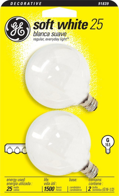 Globe Light Bulbs, White, 2-Pk., 25-Watts