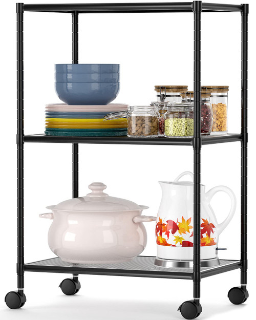 OVICAR 3-Tier Wire Storage Shelves, Adjustable Shelving Units with Wheels, Steel Metal Storage Rack for Kitchen Pantry Closet Bathroom Laundry, Durable Organizer Garage Tool Storage Shelf