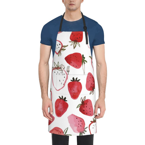 Unisex Bib Apron Beautiful Strawberry Watercolor Waterproof Kitchen Cooking Aprons With 2 Pockets