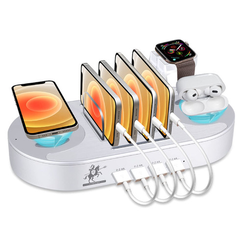 Wireless Charging Station for Multiple Devices,Fast Charging Station,2 Wireless Charging 4 USB Port Family Charge Docking-Organizer Compatible with iPhone/iPad/iWatch (2 Qi Wireless&4USB&Silvery)