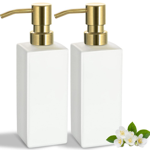 GMISUN Gold Soap Dispenser, 2 Pack Bathroom Hand Soap Dispenser with Stainless Steel Pump, White Glass Kitchen Hand and Dish Soap Dispenser Set, 12oz Liquid Refillable Soap and Lotion Dispenser Bottle