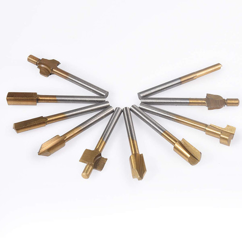 KATUR 10Pcs Titanium-Coated Router Bit Set, Mini HSS Router Bit Set, Milling Cutter fit Dremel Rotary Tools for DIY Woodworking, Carving, Engraving, Drilling (1/8 Inch Shank, 38mm Length)