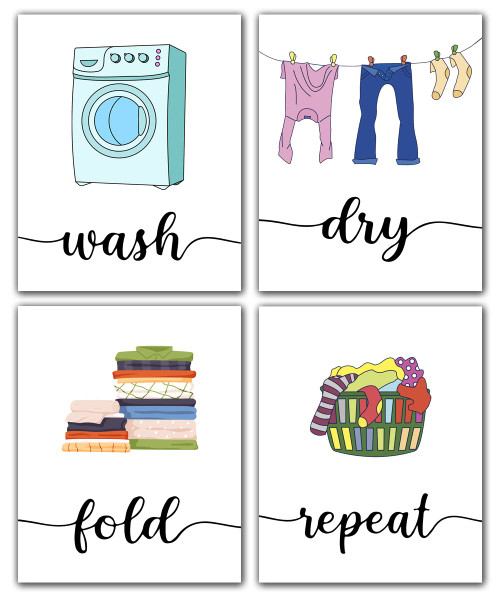 Dofala Funny Colorful Laundry Room Waterproof Art Print Posters, Wash Dry Fold Repeat Laundry Room Bathroom Unframed Home Decor Sign, Set of 4?8" x10"