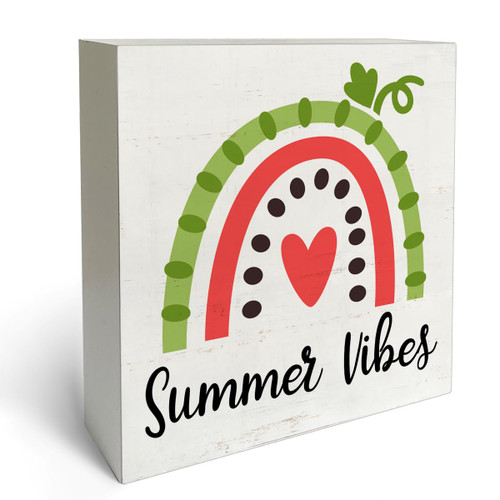 Rustic Farmhouse Style Summer Vibes Watermelon Box Sign Wood Desk Sign Decor Summer Watermelon Theme Wooden Block Plaque Box Sign Home Kitchen Shelf Decorations (5 x 5 Inches)