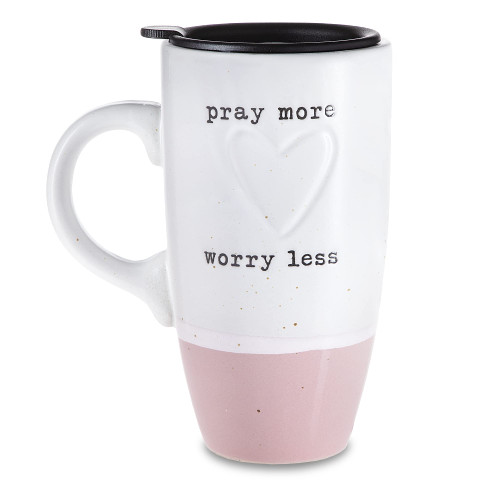 Sheffield Home Travel Stoneware Coffee Mug- Speckled Coffee Cups with Lid, Mugs for Tea, Latte, and Hot Chocolate On the Go, 20 oz, Pray More Worry Less
