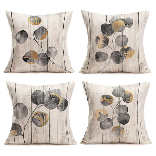 Smilyard Vintage Wood Leafs Throw Pillow Covers Cotton Linen Personalized Plant Leafs Pattern Decorative Pillow Case Square Cushion Cover 18x18 Inch Outdoor Home Decor for Sofa 4Pack (Wood Leaf Set)
