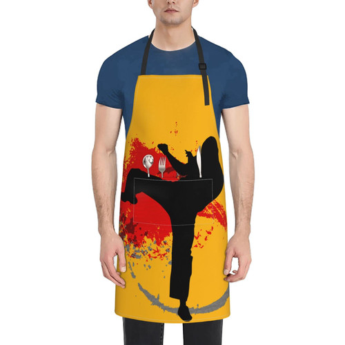 Unisex Bib Apron Karate Japan Kung Fu Waterproof Kitchen Cooking Aprons With 2 Pockets