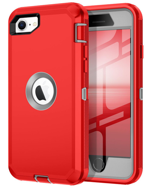 I-HONVA for iPhone SE 2022/2020 Case Built-in Screen Protector Shockproof Dust/Drop Proof 3 in 1 Full Body Rugged Heavy Duty Durable Cover for Apple iPhone SE 3rd/2nd Gen 4.7,Red/Grey