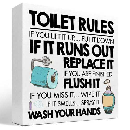 Toilet Rules Funny Wood Block Sign Desk Decor,Rustic Wooden Box Plaque Sign Desk Decor for Home Bathroom Restroom Toilet Shelf Table Decorations