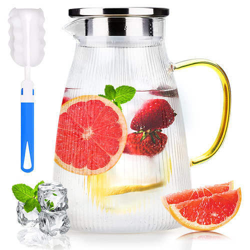 SENKUO [50oz,1500ml]Glass Pitcher with Stainless Steel Lid,Iced Tea Pitcher?Heat Resistant Glass Carafe with Brush?Glass Jug for Hot Cold Water Wine Coffee Milk and Juice Beverage